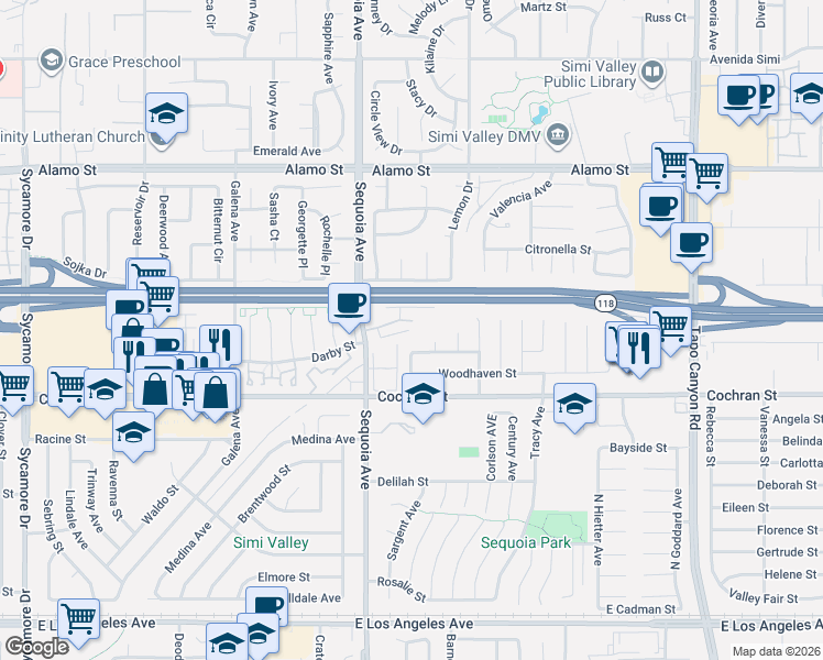 map of restaurants, bars, coffee shops, grocery stores, and more near 3458 Highwood Court in Simi Valley