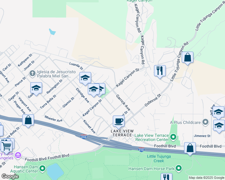 map of restaurants, bars, coffee shops, grocery stores, and more near Garrick Ave & Kagel Canyon St in Los Angeles