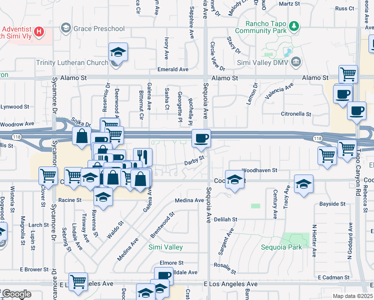 map of restaurants, bars, coffee shops, grocery stores, and more near 2514 Glenhurst Court in Simi Valley
