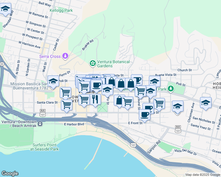 map of restaurants, bars, coffee shops, grocery stores, and more near 721 East Main Street in Ventura