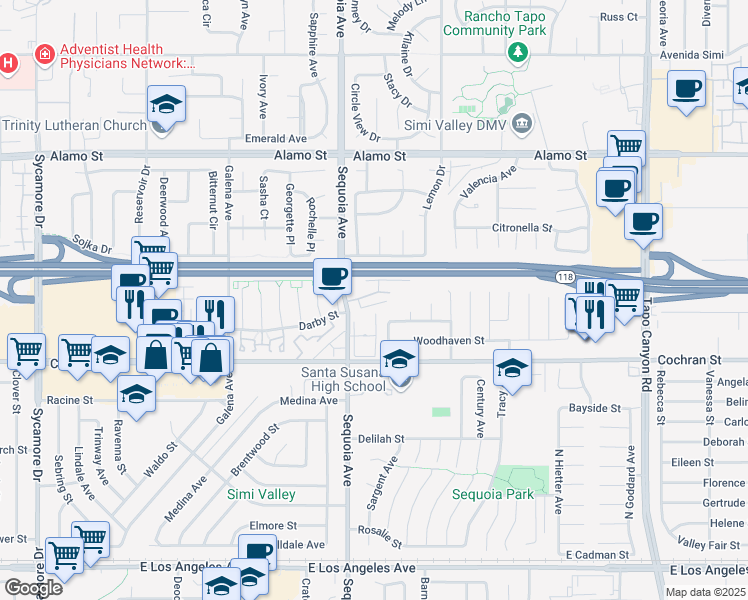 map of restaurants, bars, coffee shops, grocery stores, and more near 3434 Highwood Court in Simi Valley