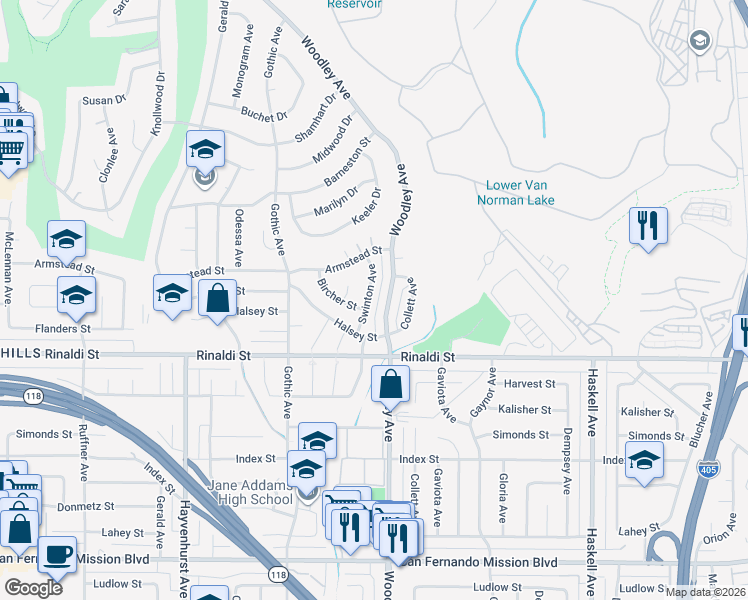 map of restaurants, bars, coffee shops, grocery stores, and more near 11612 Swinton Avenue in Los Angeles