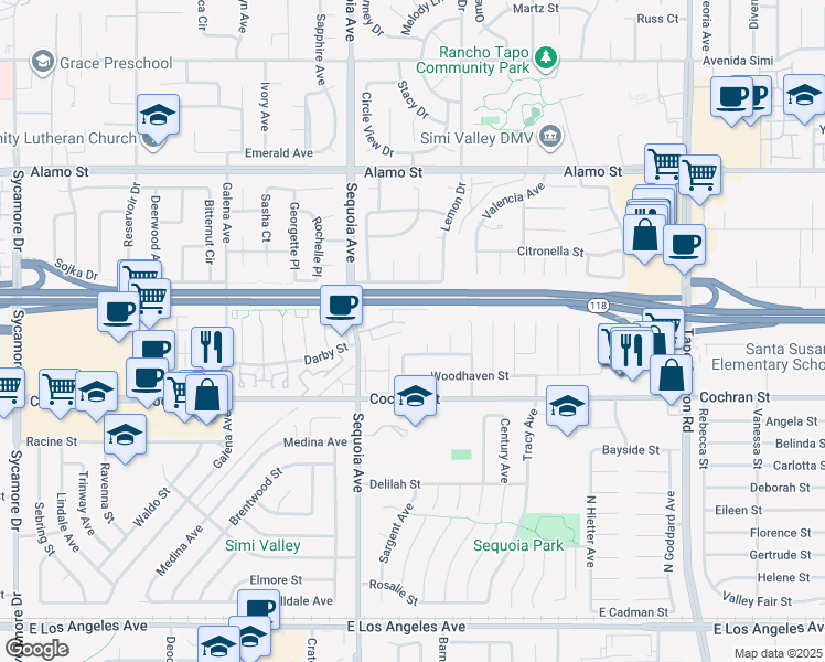 map of restaurants, bars, coffee shops, grocery stores, and more near 3466 Highwood Court in Simi Valley