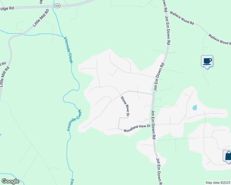 map of restaurants, bars, coffee shops, grocery stores, and more near 8815 Stone River Drive in Gainesville
