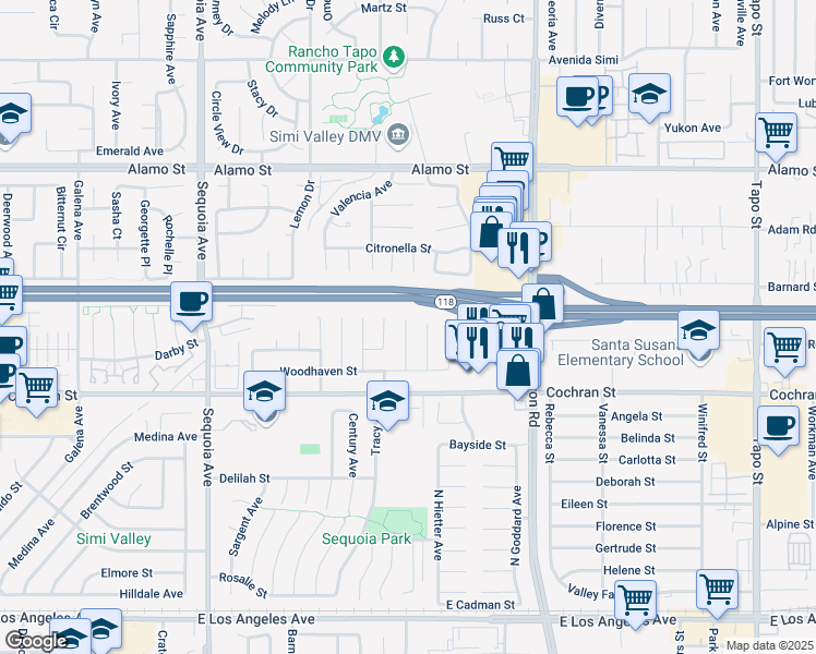map of restaurants, bars, coffee shops, grocery stores, and more near 2471 Burlingham Place in Simi Valley