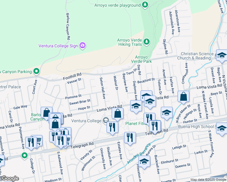 map of restaurants, bars, coffee shops, grocery stores, and more near 4743 Rosemont Court in Ventura