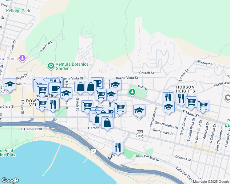 map of restaurants, bars, coffee shops, grocery stores, and more near 1157 East Main Street in Ventura