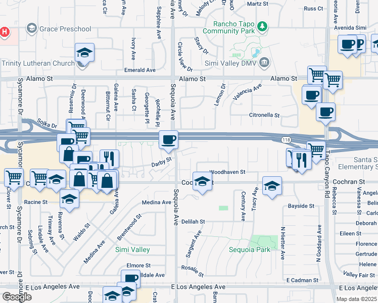 map of restaurants, bars, coffee shops, grocery stores, and more near 3434 Highwood Court in Simi Valley
