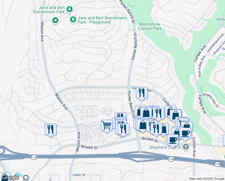 map of restaurants, bars, coffee shops, grocery stores, and more near 20063 Livorno Way in Los Angeles