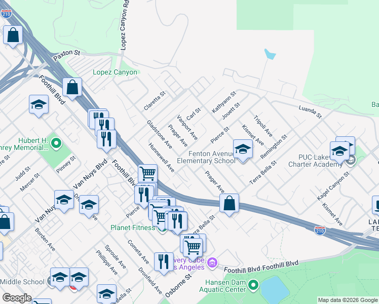 map of restaurants, bars, coffee shops, grocery stores, and more near 12036 Jouett Street in Los Angeles