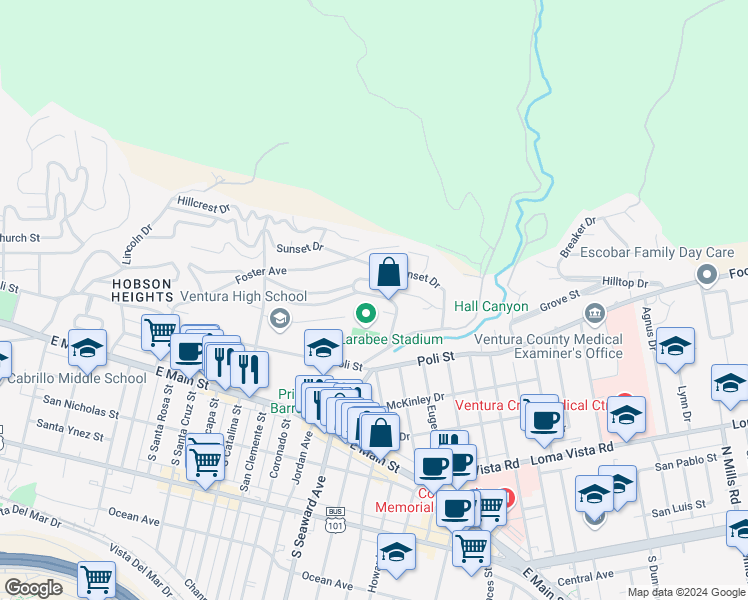 map of restaurants, bars, coffee shops, grocery stores, and more near 2368 Palomar Avenue in Ventura