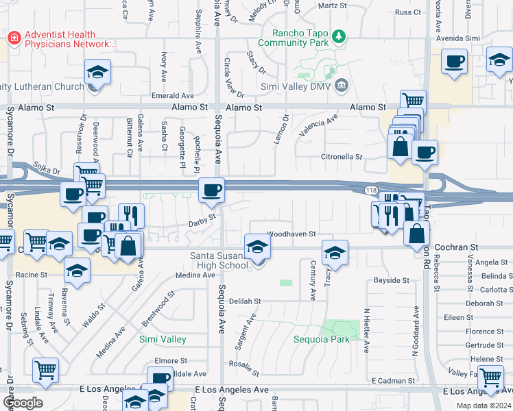 map of restaurants, bars, coffee shops, grocery stores, and more near 3466 Highwood Court in Simi Valley