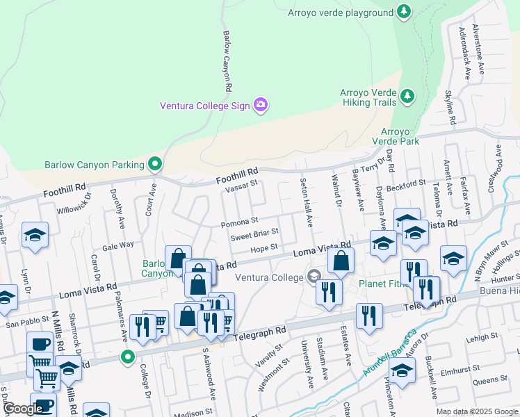 map of restaurants, bars, coffee shops, grocery stores, and more near 4432 Wooster Street in Ventura