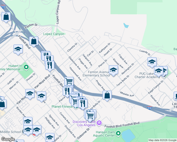 map of restaurants, bars, coffee shops, grocery stores, and more near 12036 Jouett Street in Los Angeles