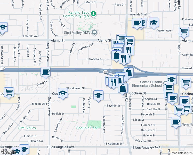 map of restaurants, bars, coffee shops, grocery stores, and more near 2471 Burlingham Place in Simi Valley