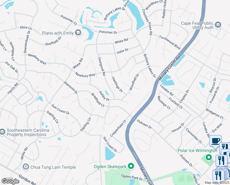 map of restaurants, bars, coffee shops, grocery stores, and more near 7106 Thurgood Road in Wilmington