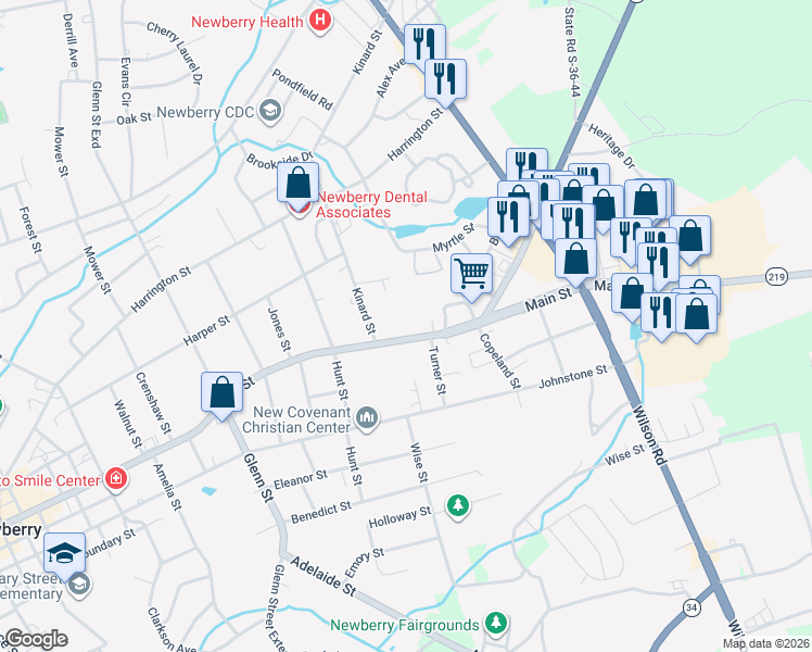 map of restaurants, bars, coffee shops, grocery stores, and more near 2421 Main Street in Newberry