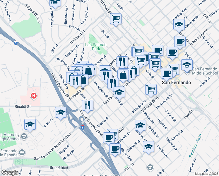 map of restaurants, bars, coffee shops, grocery stores, and more near 1231 Mott Street in San Fernando