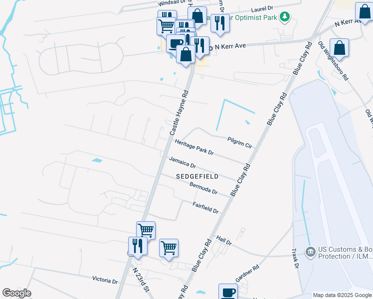 map of restaurants, bars, coffee shops, grocery stores, and more near 118 Heritage Park Drive in Wilmington