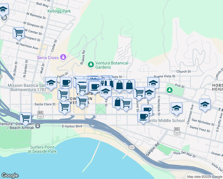 map of restaurants, bars, coffee shops, grocery stores, and more near 757 East Main Street in Ventura