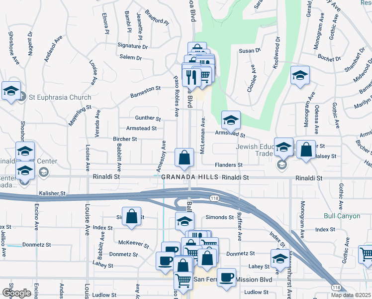 map of restaurants, bars, coffee shops, grocery stores, and more near 11601 Balboa Boulevard in Los Angeles