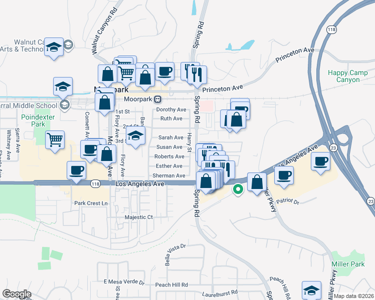 map of restaurants, bars, coffee shops, grocery stores, and more near 196 Harry Street in Moorpark