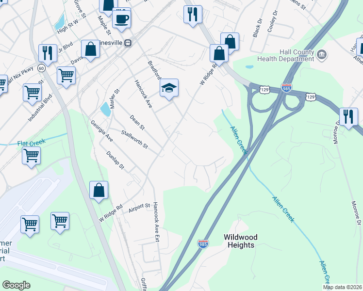 map of restaurants, bars, coffee shops, grocery stores, and more near 1220 Marlow Drive in Gainesville