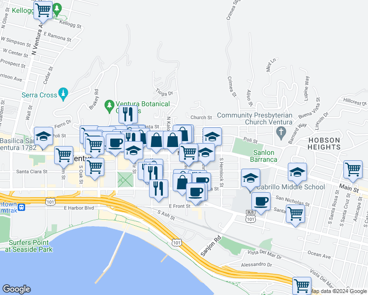 map of restaurants, bars, coffee shops, grocery stores, and more near 31 North Laurel Street in Ventura