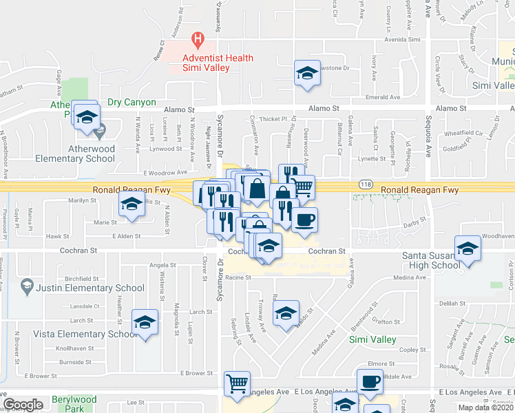 map of restaurants, bars, coffee shops, grocery stores, and more near 2825 Cochran St in Simi Valley