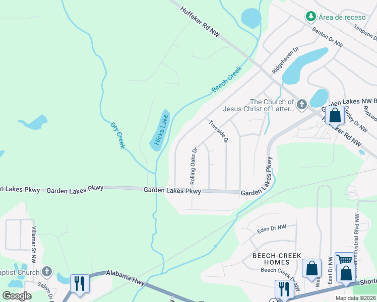 map of restaurants, bars, coffee shops, grocery stores, and more near 221 Rolling Wood Circle Northwest in Rome
