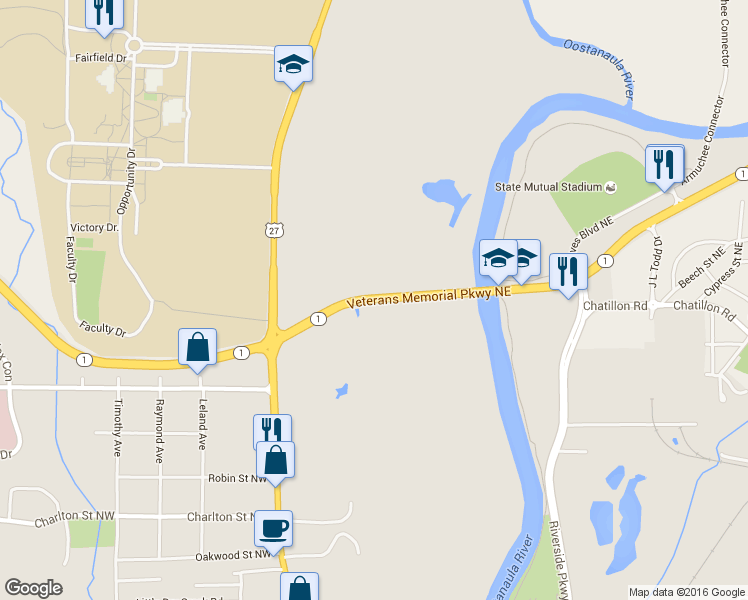 map of restaurants, bars, coffee shops, grocery stores, and more near Veterans Memorial Highway Northeast in Rome