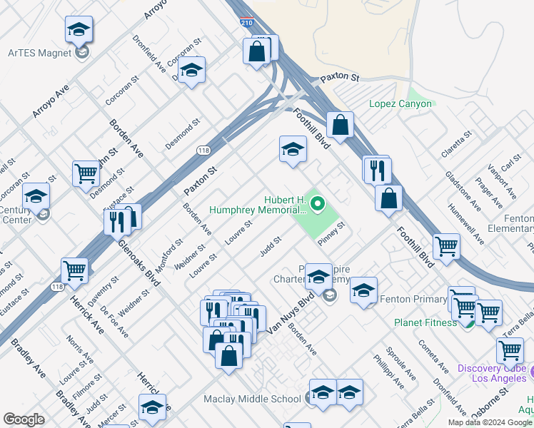 map of restaurants, bars, coffee shops, grocery stores, and more near 12702 Louvre Street in Los Angeles