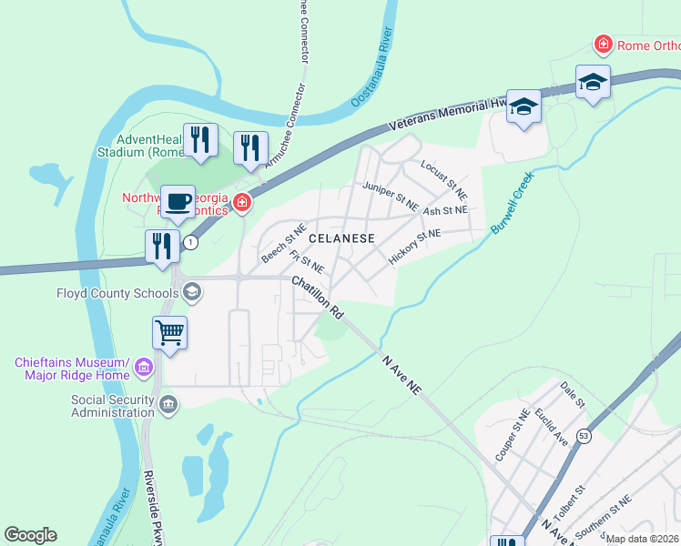 map of restaurants, bars, coffee shops, grocery stores, and more near 2 Elmwood Street Northeast in Rome