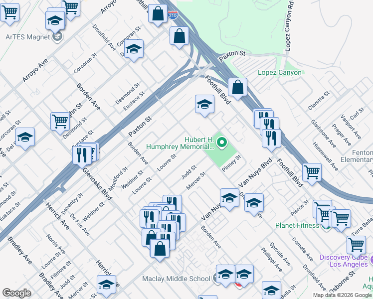 map of restaurants, bars, coffee shops, grocery stores, and more near 12702 Louvre Street in Los Angeles
