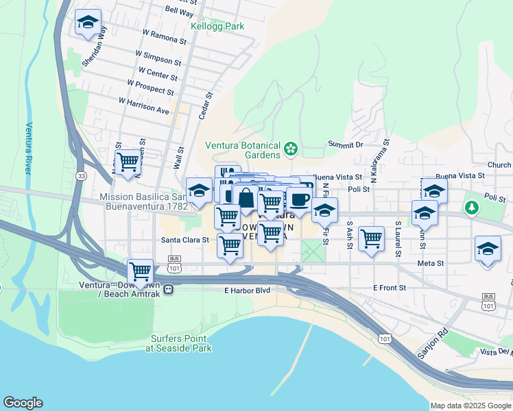 map of restaurants, bars, coffee shops, grocery stores, and more near 20 North Oak Street in Ventura
