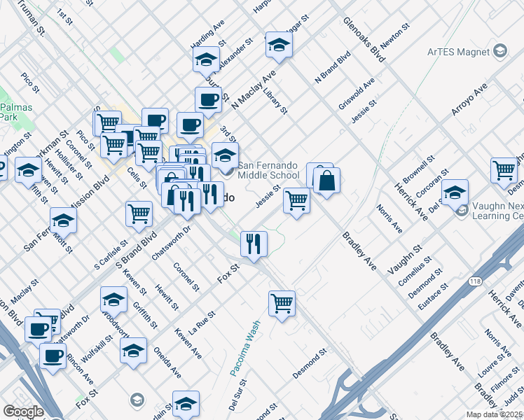 map of restaurants, bars, coffee shops, grocery stores, and more near 118 Jessie Street in San Fernando