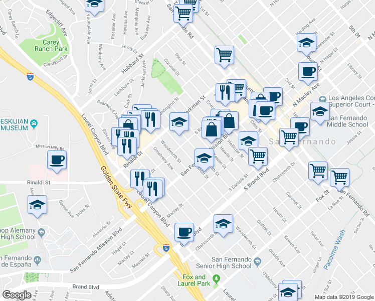 map of restaurants, bars, coffee shops, grocery stores, and more near 1224 Mott Street in San Fernando