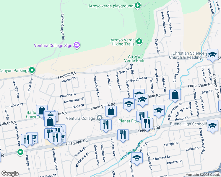 map of restaurants, bars, coffee shops, grocery stores, and more near 282 Walnut Drive in Ventura
