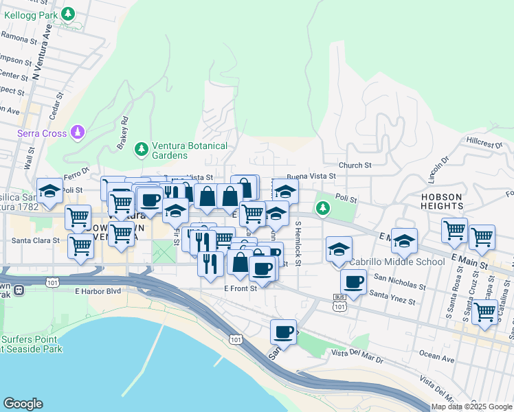 map of restaurants, bars, coffee shops, grocery stores, and more near 1065 East Main Street in Ventura