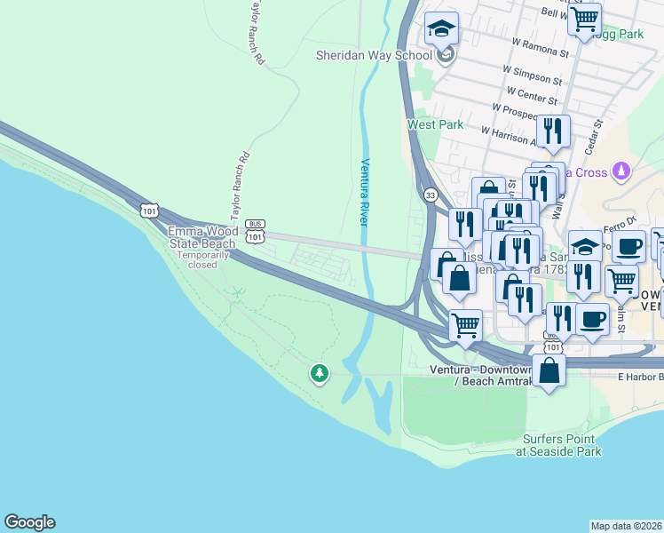 map of restaurants, bars, coffee shops, grocery stores, and more near 800 West Main Street in Ventura