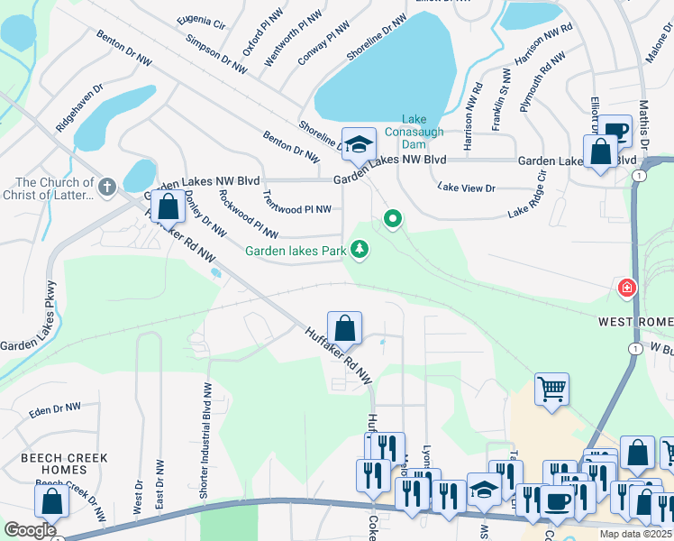 map of restaurants, bars, coffee shops, grocery stores, and more near 1 Donley Drive Northwest in Rome