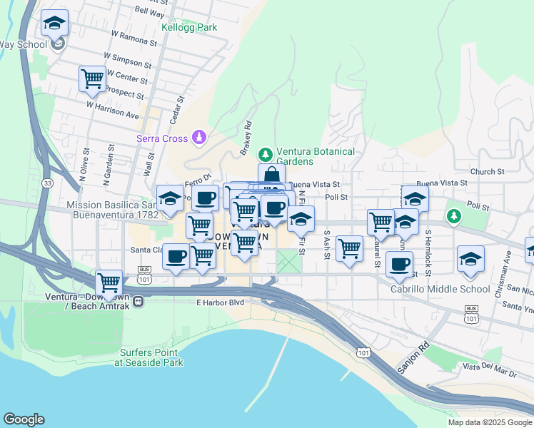 map of restaurants, bars, coffee shops, grocery stores, and more near 573 East Main Street in Ventura