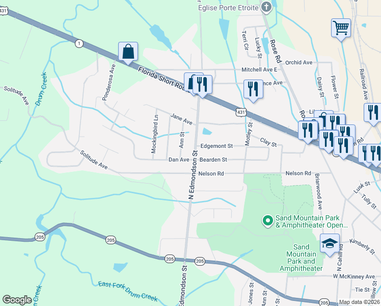 map of restaurants, bars, coffee shops, grocery stores, and more near 1101 Dan Avenue in Albertville