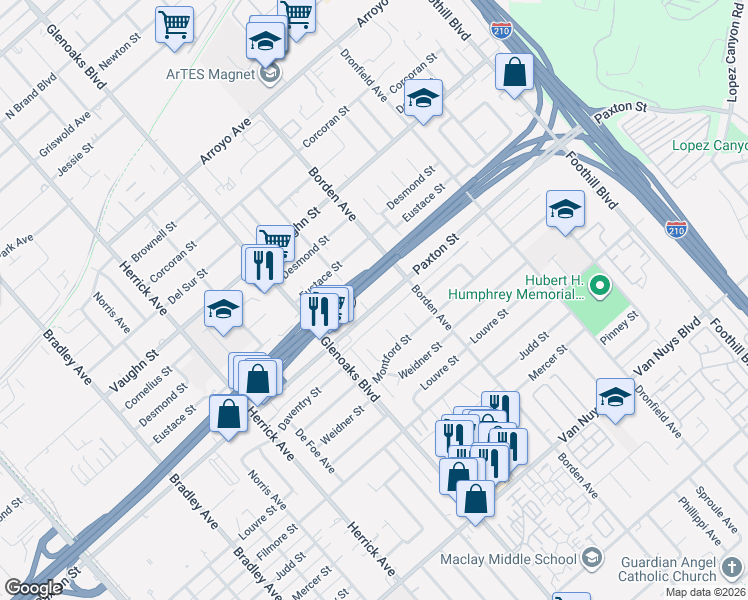 map of restaurants, bars, coffee shops, grocery stores, and more near 13011 Paxton Street in Los Angeles