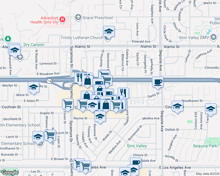 map of restaurants, bars, coffee shops, grocery stores, and more near 2579 Little Rock Lane in Simi Valley
