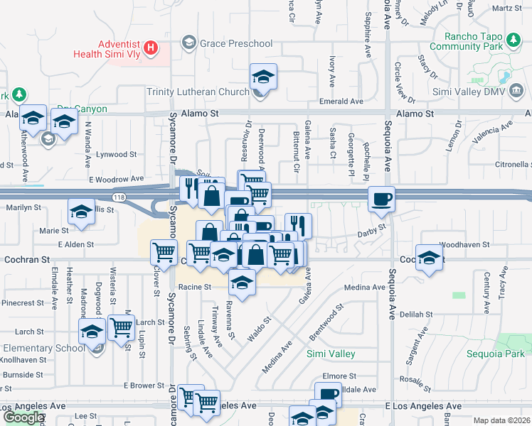 map of restaurants, bars, coffee shops, grocery stores, and more near 2579 Little Rock Lane in Simi Valley