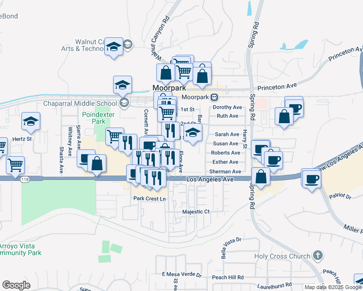 map of restaurants, bars, coffee shops, grocery stores, and more near 240 Flory Avenue in Moorpark