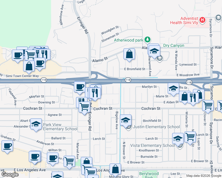 map of restaurants, bars, coffee shops, grocery stores, and more near 2527 Belvedere Court in Simi Valley