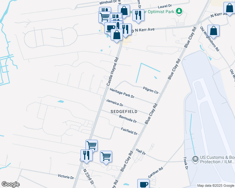 map of restaurants, bars, coffee shops, grocery stores, and more near 118 Heritage Park Drive in Wilmington