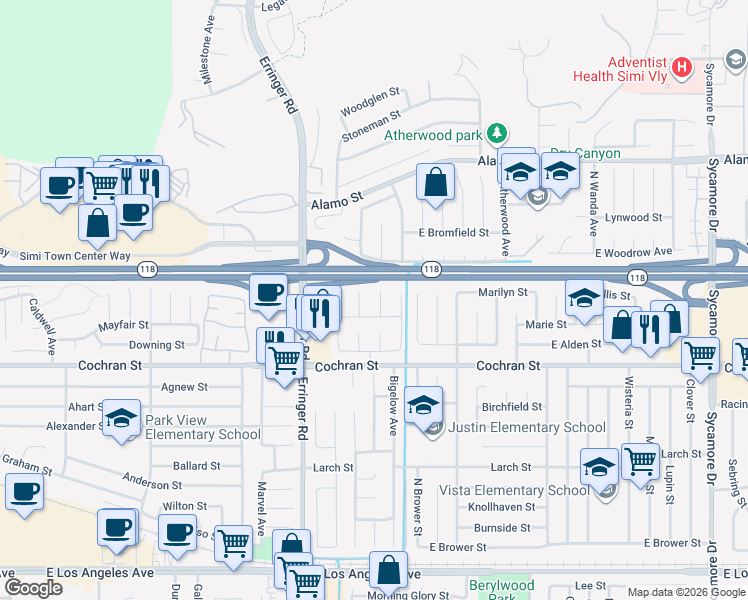 map of restaurants, bars, coffee shops, grocery stores, and more near 2527 Belvedere Court in Simi Valley